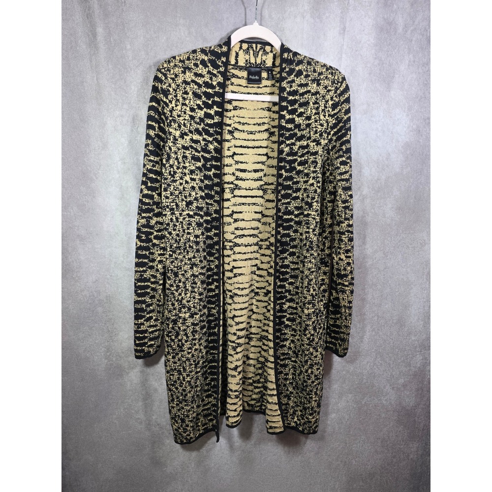 Rafaella Womens Gold Metallic Black Jacquard Open Front Longline Cardigan Size M